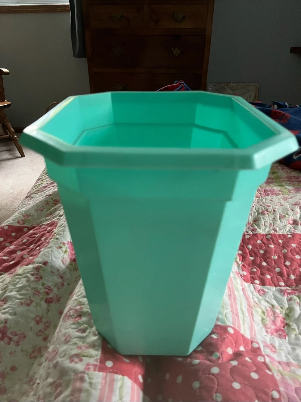 Aqua Plastic Vintage Trash Can with Gold Leaf Accent